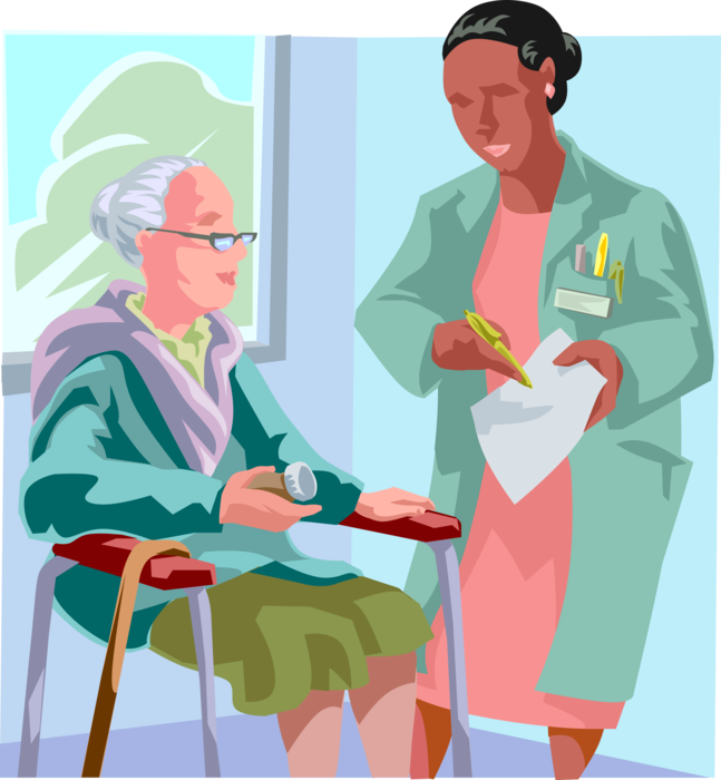 Vector Illustration of Retired Elderly Patient Receives Care with Doctor Describing Prescription Drug Medication