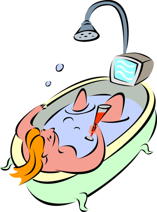 Vector Illustration of Relaxation with Wine and Television TV in Hot Bathtub