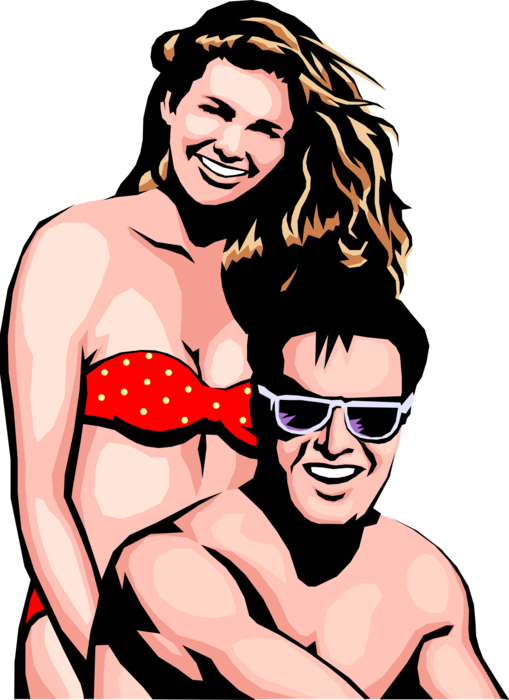Vector Illustration of Romantic Swimming Couple on Vacation