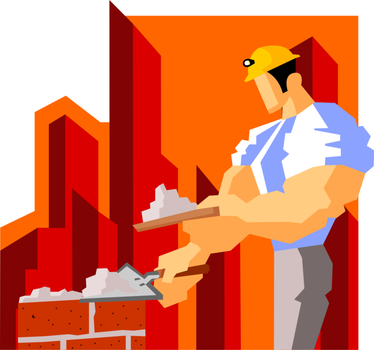 Vector Illustration of Powerful Construction Worker Masonry Bricklayer with Jacked Biceps and Forearms Laying Bricks