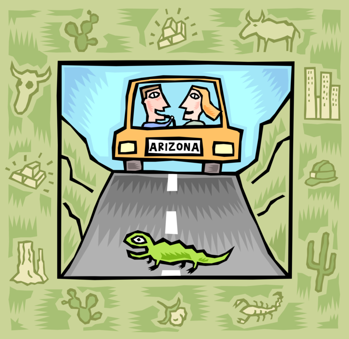 Vector Illustration of Tourists on Vacation Drive Through Arizona in Automobile with Lizard Crossing Road