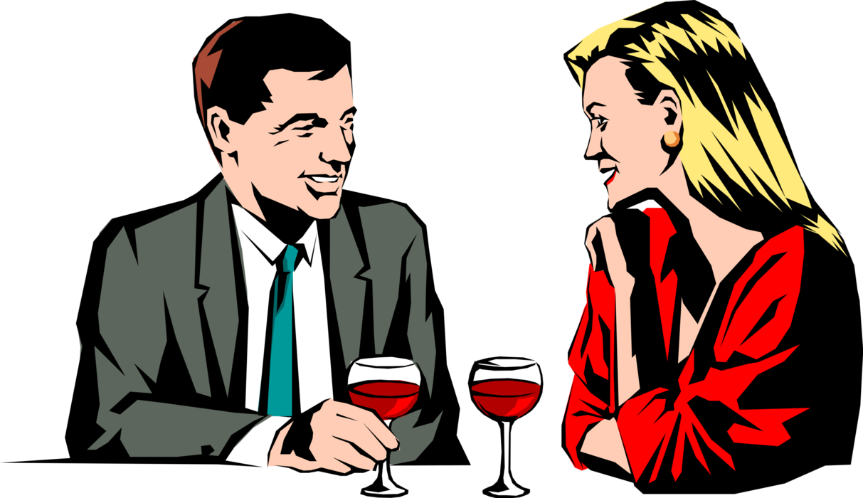 Vector Illustration of Couple Enjoy Conversation and Glass of Red Wine