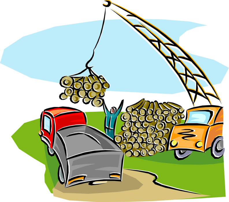Vector Illustration of Forestry Industry Lumber Being Loaded onto Trucks for Shipping and Distribution