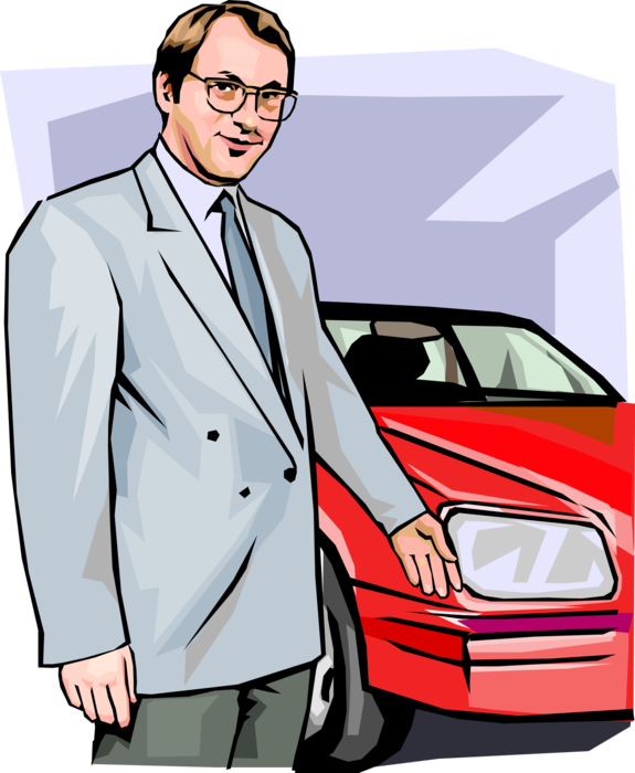 Vector Illustration of Used Car Salesman with Automobile Motor Vehicle
