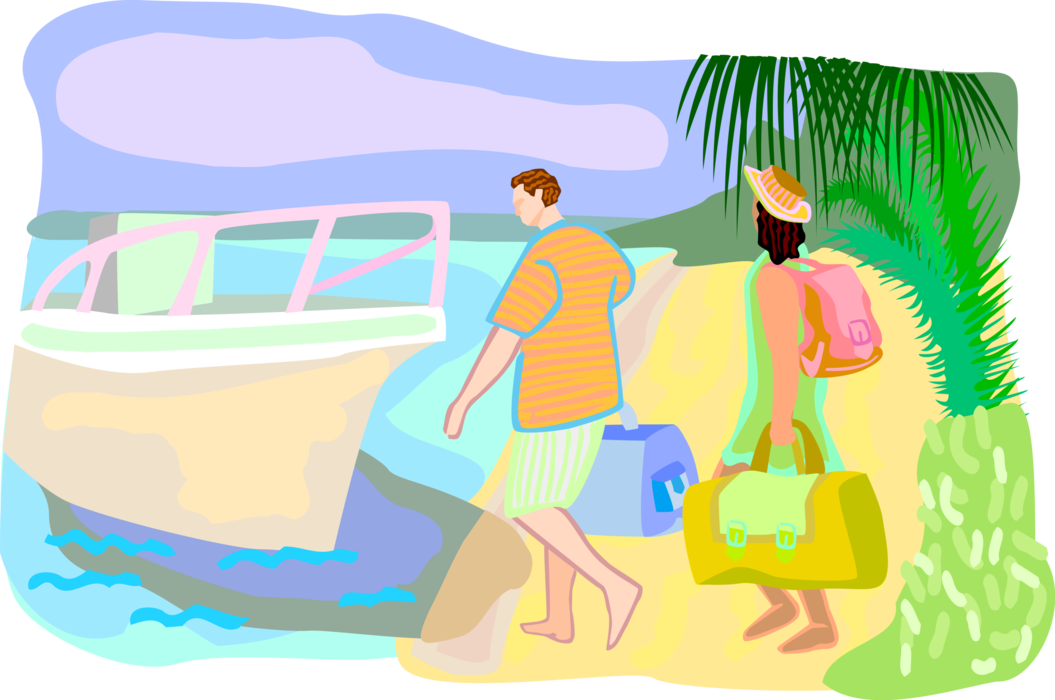 Vector Illustration of Vacation Tourists Carry Bags for Boat Tour on Water