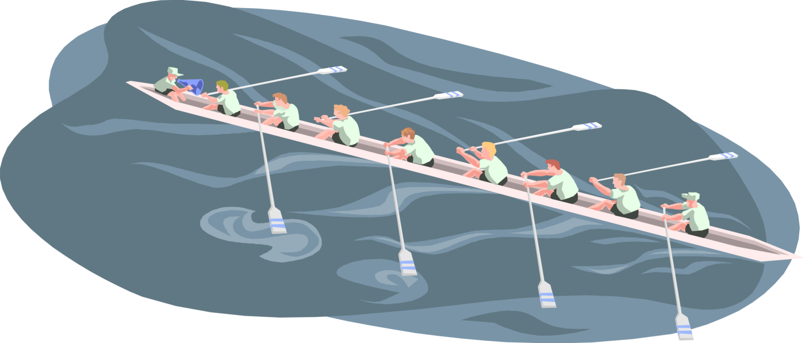 Vector Illustration of Competitive Sculling Rowing Team in 8-Person Shell Boat with Coxswain