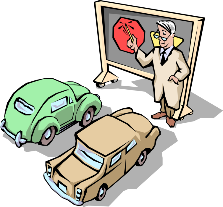 Vector Illustration of Driver's Ed Driving School Teacher with Blackboard Teaches Safe Driving Traffic Rules