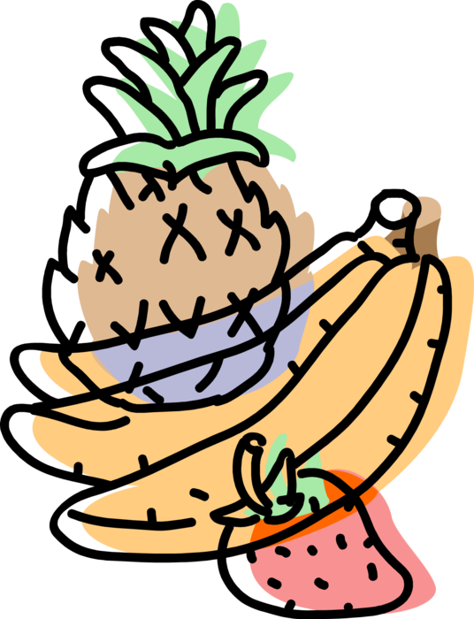 Vector Illustration of Fresh Fruits with Bananas, Pineapple, and Strawberry