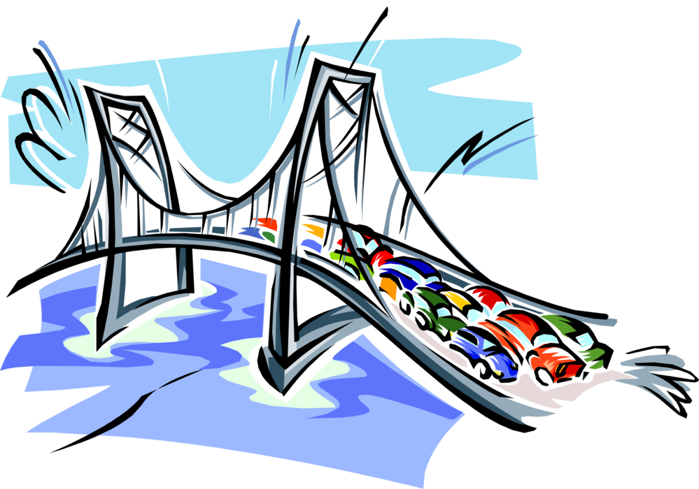Vector Illustration of Suspension Bridge in Rush Hour Traffic