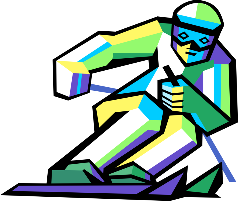 Vector Illustration of Downhill Alpine Skier Races Down the Ski Hill