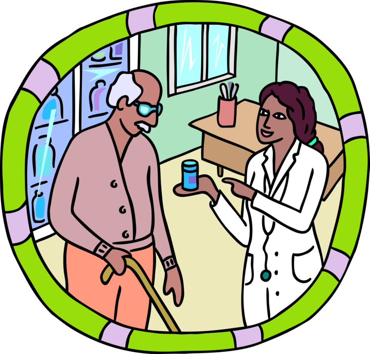 Vector Illustration of Health Care Nurse with Pharmaceutical Drugs Dispensed by Medical Prescription and Patient
