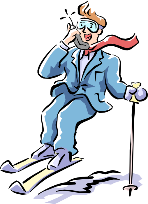 Vector Illustration of Businessman Downhill Skiing Talks on Telephone