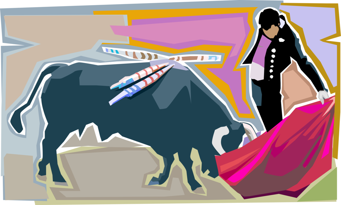 Vector Illustration of Spanish Matador Toreador Bullfighter in the Bullring Fights Charging Bull with Red Cape, Spain