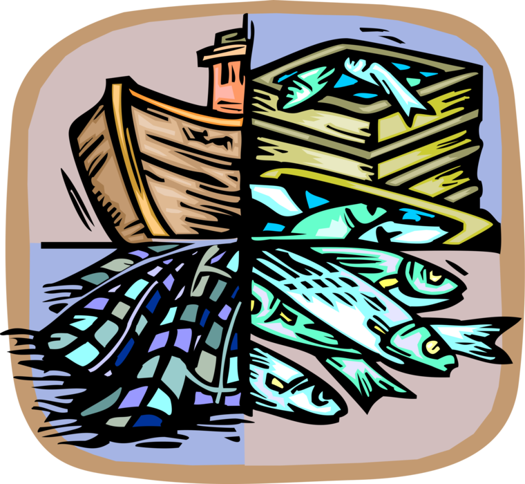 Vector Illustration of Commercial Fishing Industry Trawler Boat with Fish Catch and Nets