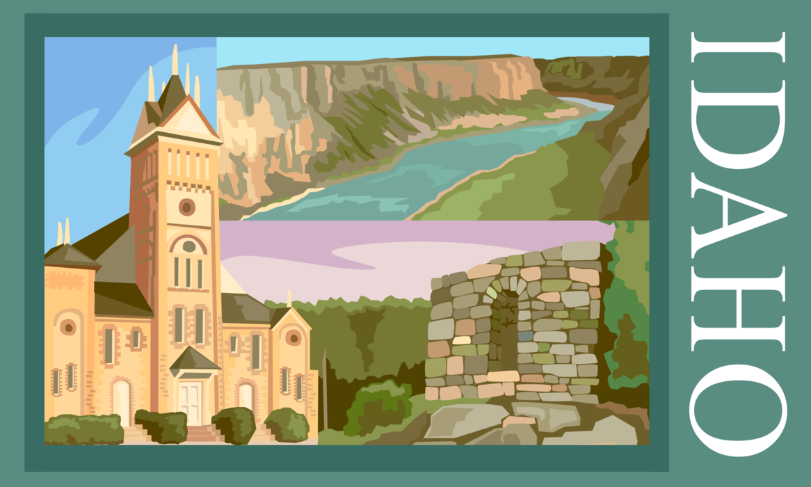 Vector Illustration of Idaho Postcard Design with Mormon Tabernacle Paris Idaho with Snake River Canyon
