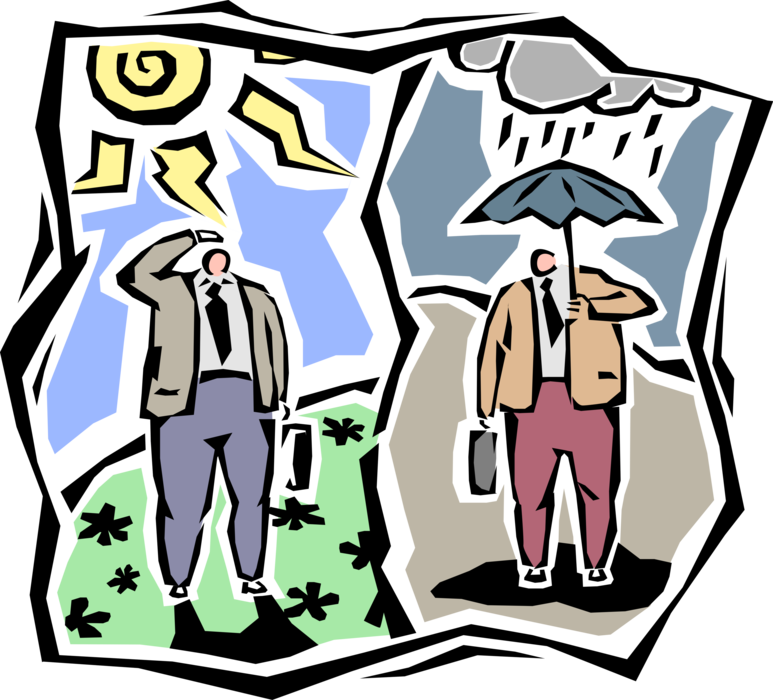 Vector Illustration of Businessmen on Hot Sunny Day and Wet Rainy Day with Umbrella