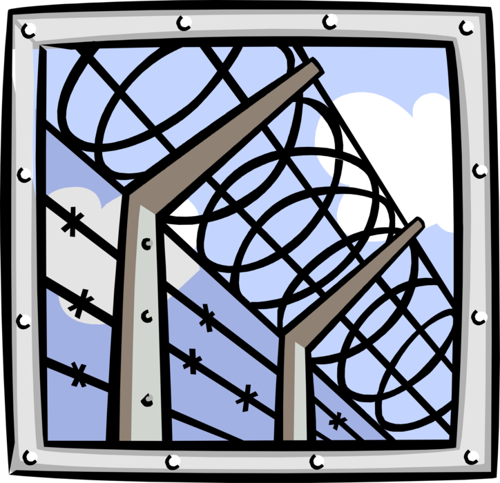 Vector Illustration of Security Barbed Wire Fence at Prison Facility 