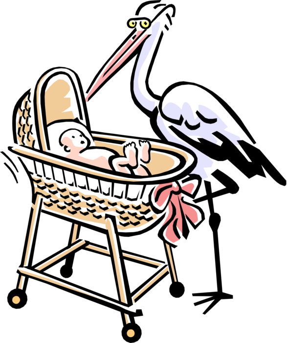 Vector Illustration of 1950's Vintage Style Stork with Newborn Infant Baby in Vintage Nursery Crib