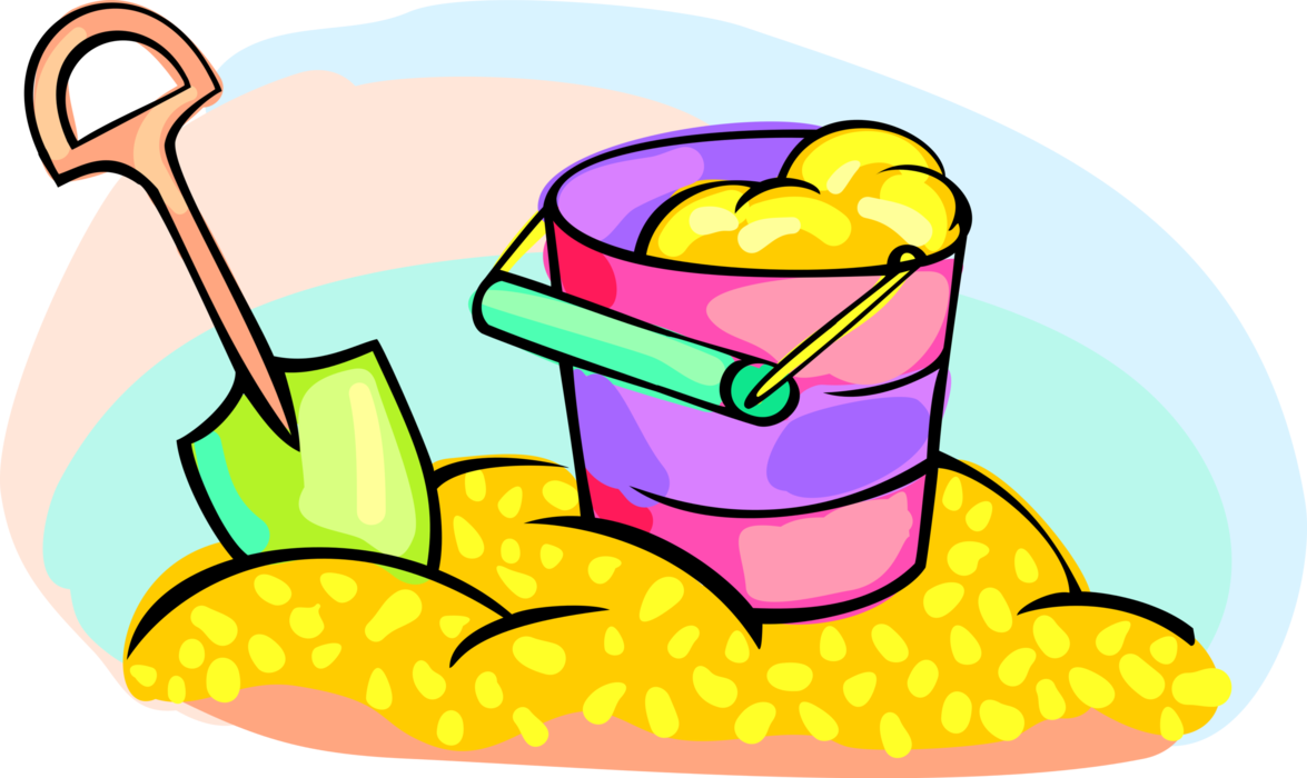 Vector Illustration of Child's Toy Shovel and Pail in Sandbox