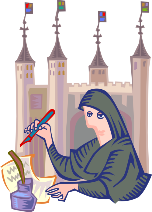 Vector Illustration of Middle Ages Medieval Scribe Writing Manuscript Document with Castle