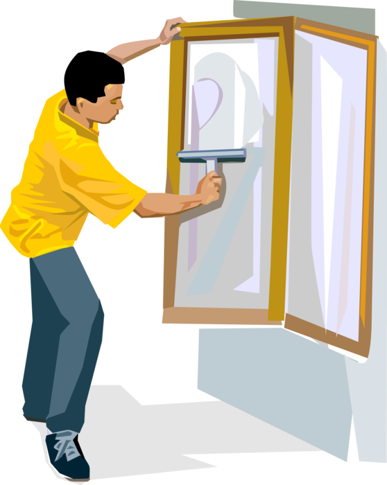 Vector Illustration of Adolescent Youth Window Cleaner Cleans Windows with Squeegie