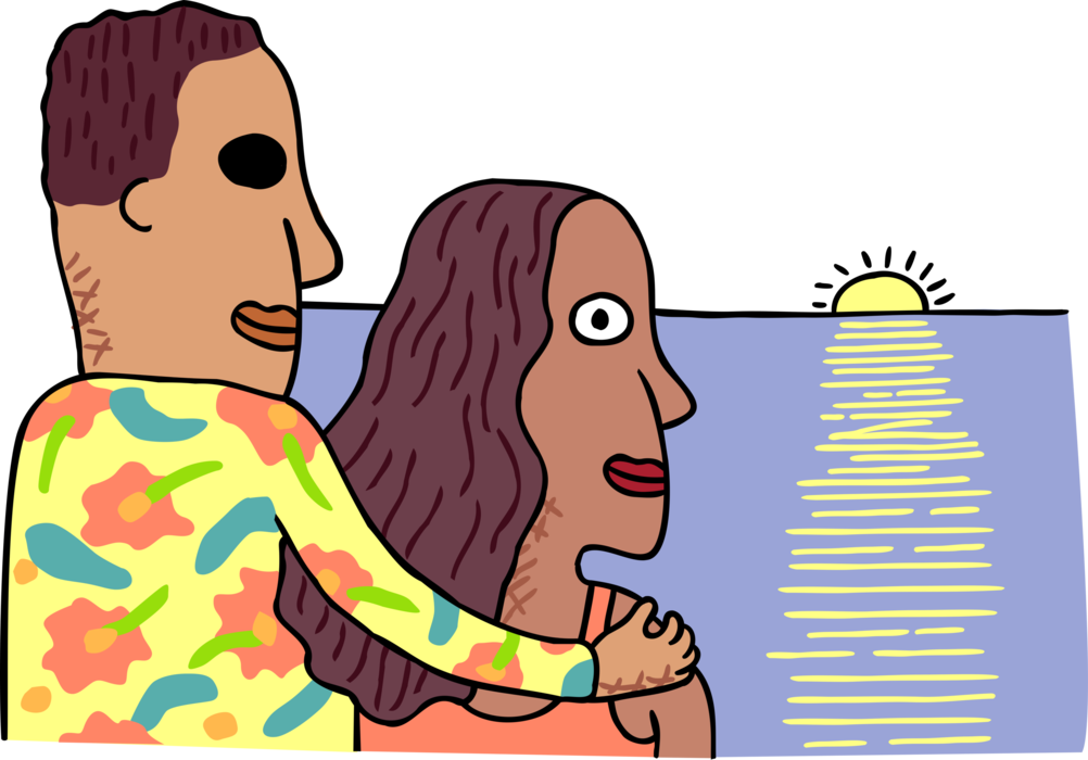 Vector Illustration of Man and Woman on Vacation Enjoy Sunset at Beach