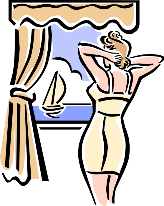 Vector Illustration of 1950's Vintage Style Bathing Beauty Enjoys Ocean View While Vacationing
