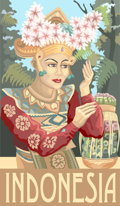 Vector Illustration of Indonesia Postcard Design with Traditional Cultural Dancer