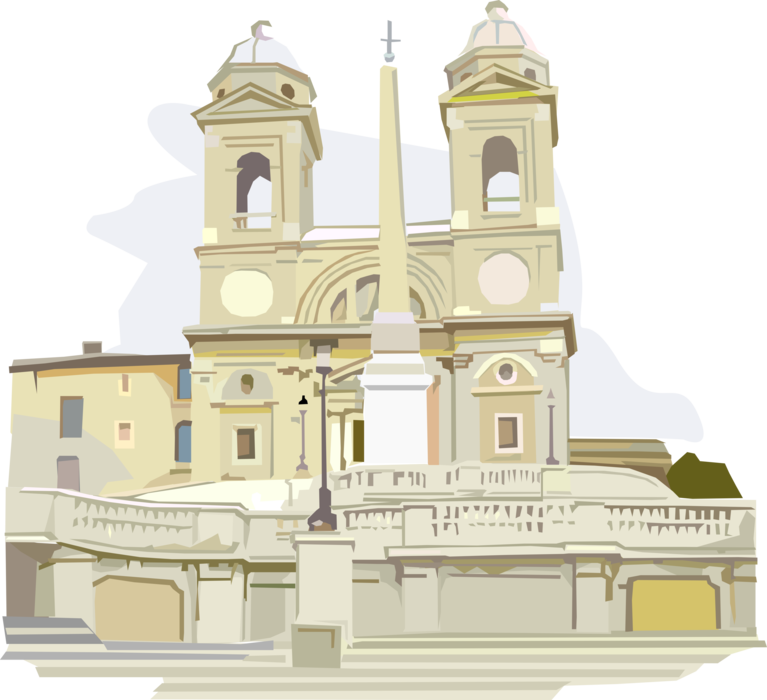 Vector Illustration of Piazza Trinità dei Monti Church at Spanish Steps Piazza di Spagna, Rome, Italy