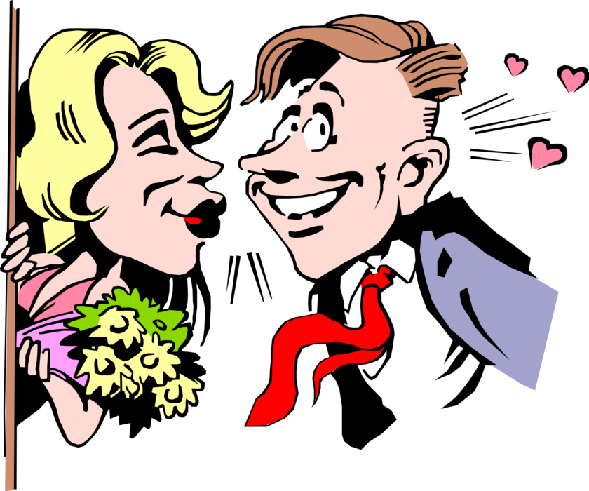 Vector Illustration of Blind Date Male and Female First Date Ends with Goodnight Kiss