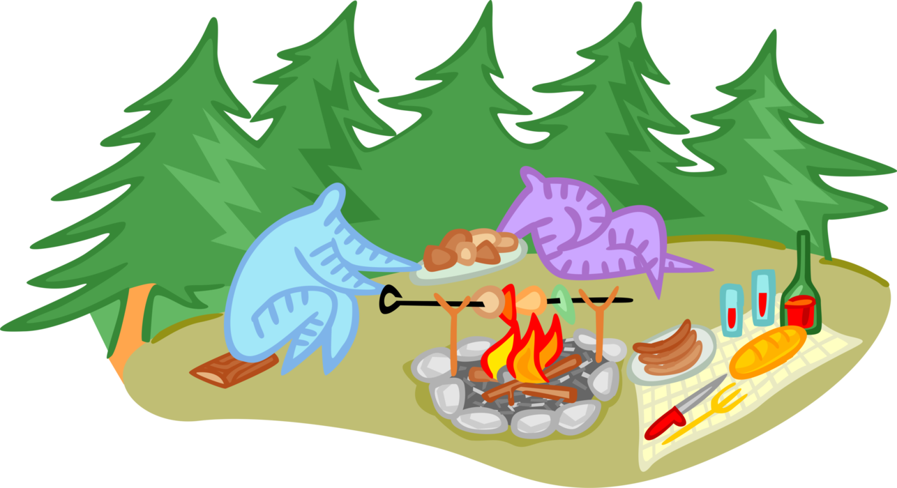 Vector Illustration of Outdoor Camping and Cooking Meal on Campfire