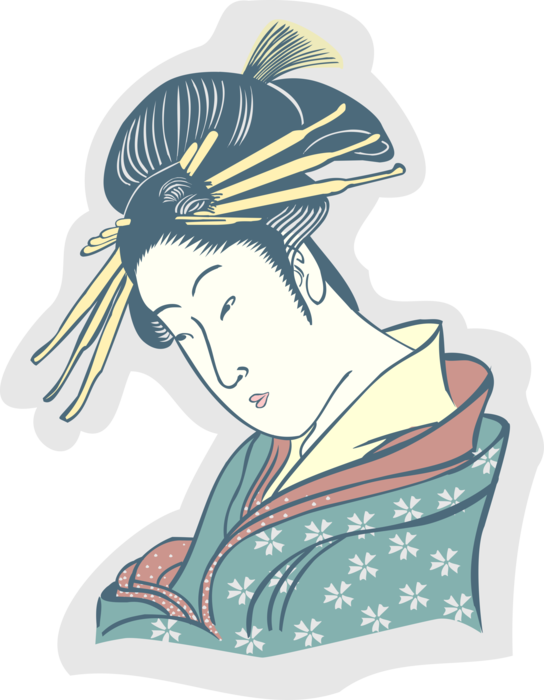 Vector Illustration of Japanese Courtesan Geisha Hostess in Traditional Garment Kimono Dress