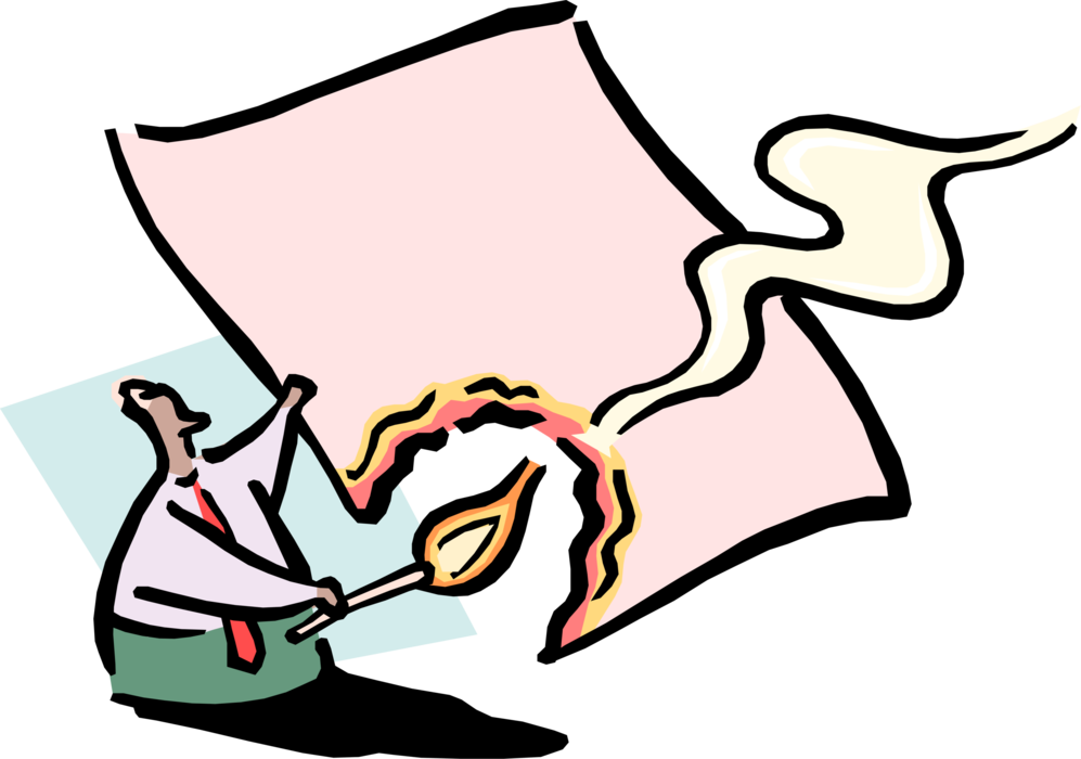 Vector Illustration of Businessman Lights Match to Project and Document Goes Up in Smoke