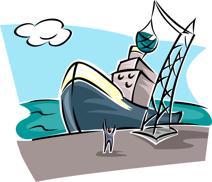 Vector Illustration of Commercial Fishing Industry Ship at Dock Unloading Fish Catch