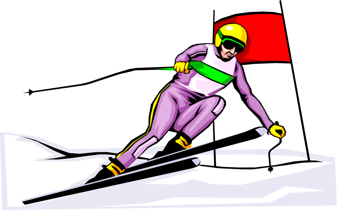 Vector Illustration of Downhill Alpine Skiing Slalom Skier Skis to Avoid Gates