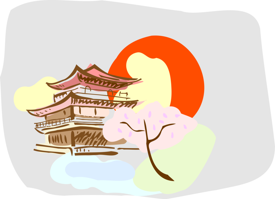 Vector Illustration of Japanese Pagoda Temple or Sacred Structure Architecture with Cherry Blossoms