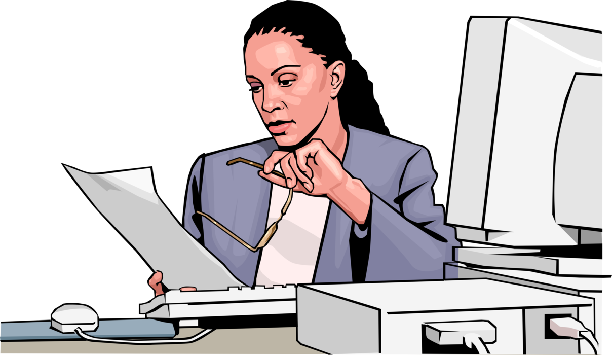 Vector Illustration of Businesswoman Proofreads Printed Document at Her Desk