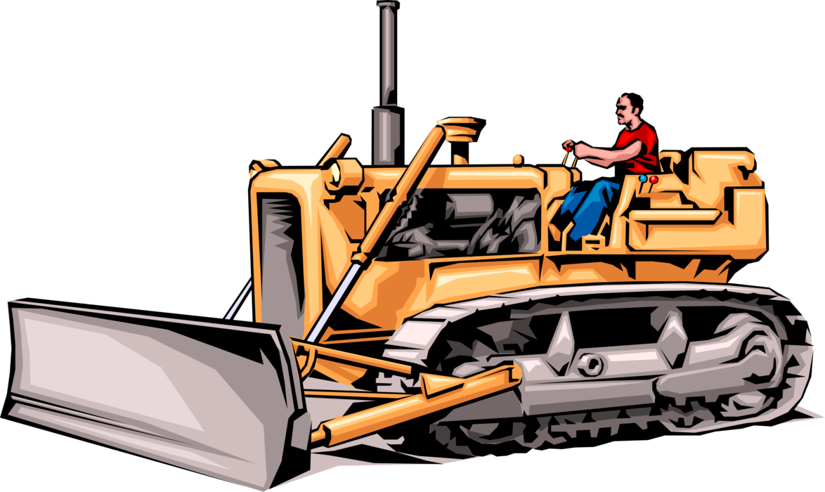 Vector Illustration of Man Drives Construction Heavy Machinery Equipment Bulldozer