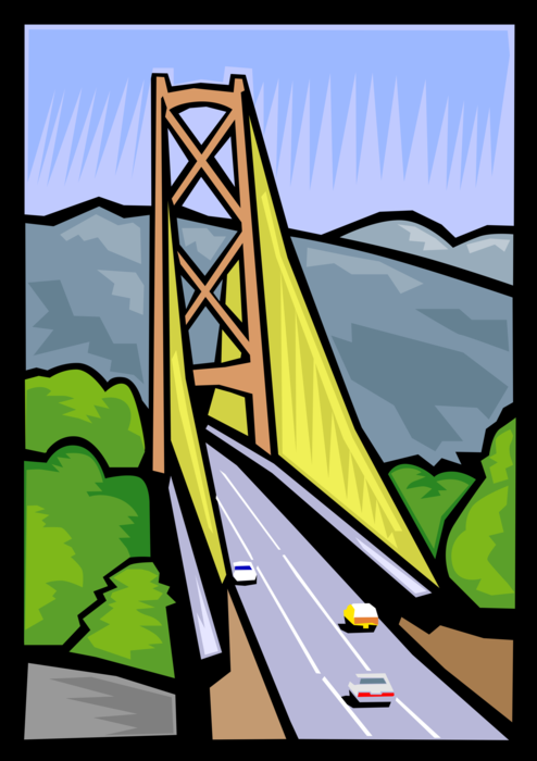 Vector Illustration of Traffic Drives Highway Expressway Motorway Across Suspension Bridge