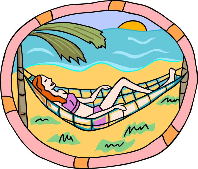 Vector Illustration of Woman Relaxing in Hammock by Seashore with Setting Sun