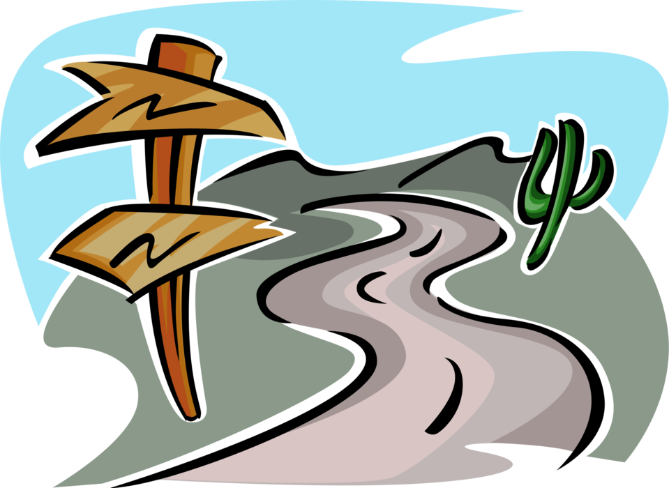 Vector Illustration of Winding Country Road with Direction Signs and Desert Succulent Cactus