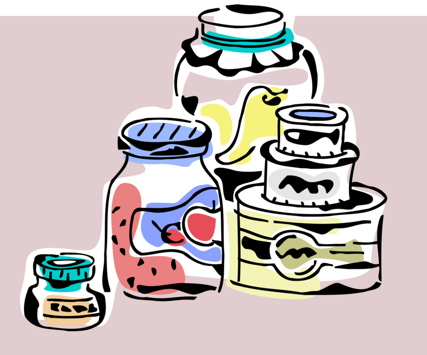 Vector Illustration of Homemade Canned Fruit Preserves and Tins of Food