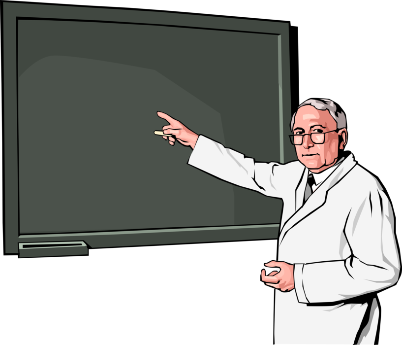 Vector Illustration of Academic University Professor Teaching and Points to Blackboard Chalkboard in Classroom