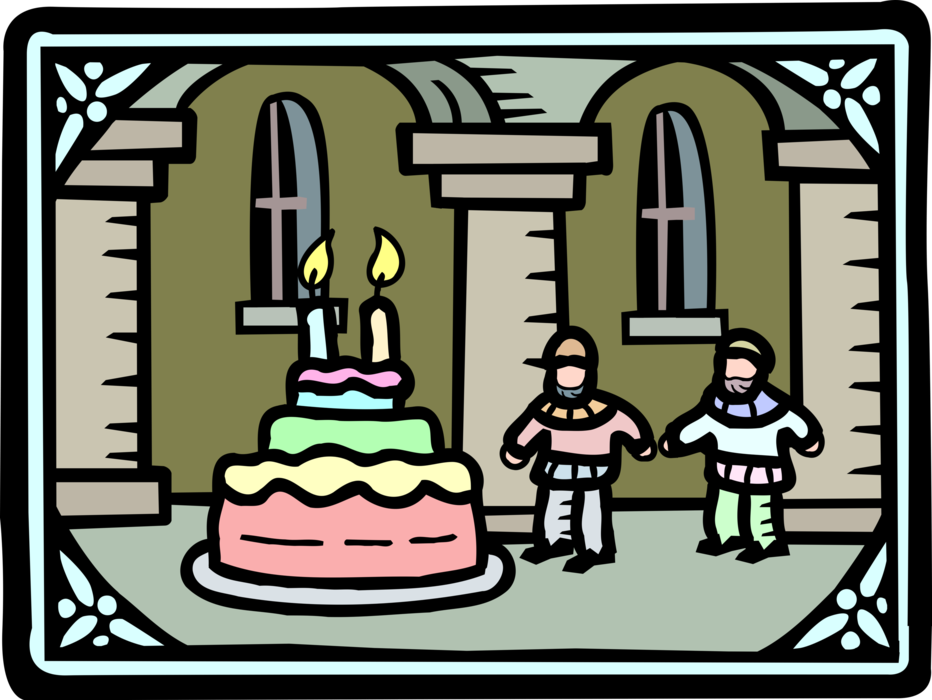 Vector Illustration of Medieval Renaissance King's Men and Birthday Cake