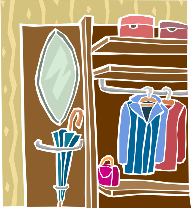 Vector Illustration of Clothes Closet with Garments on Hangers