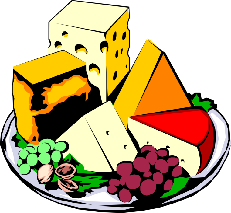 Vector Illustration of Variety of Dairy Cheese on Serving Platter with Grapes