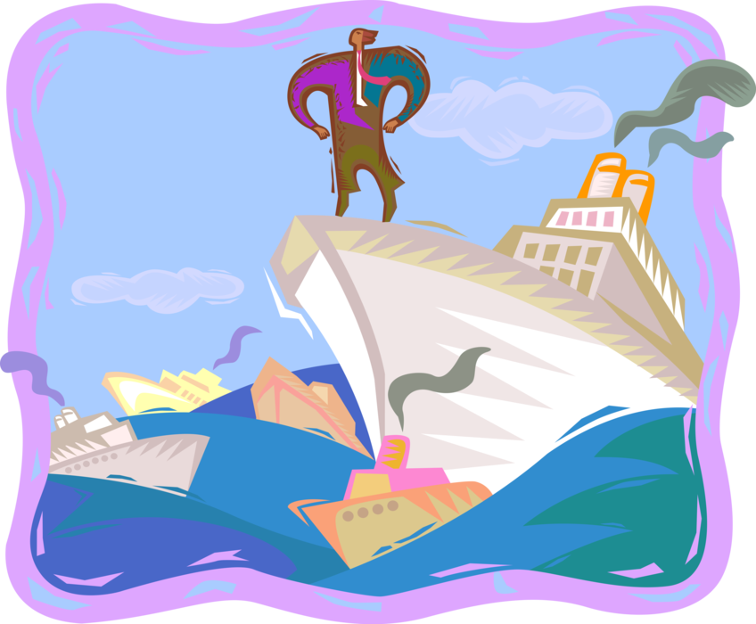 Vector Illustration of Business Leadership Steers the Ship Through Rough Waters