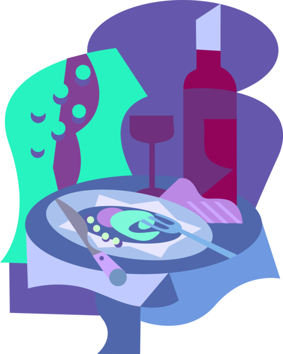 Vector Illustration of Fine Dining Dinner with Bottle of Wine