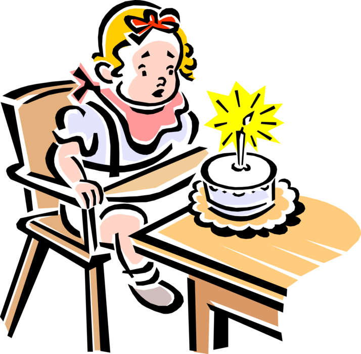 Vector Illustration of 1950's Vintage Style Child's First Birthday Blowing Out Candles on Cake