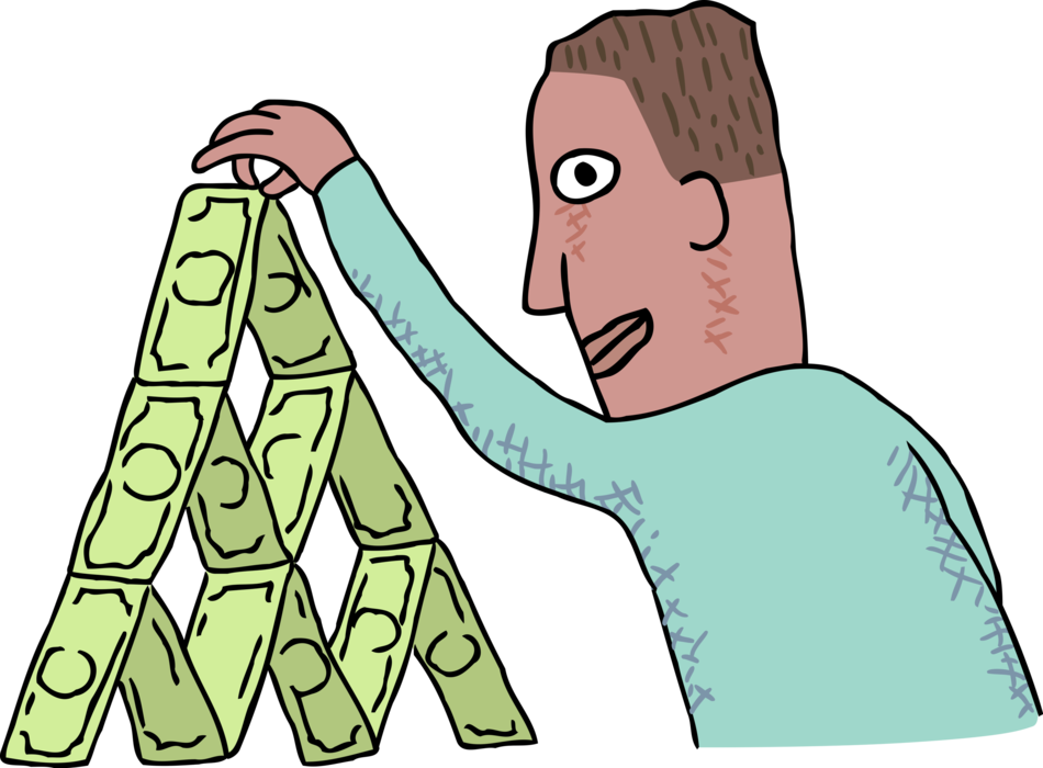 Vector Illustration of Man Stacking Dollar Bills in House of Cards
